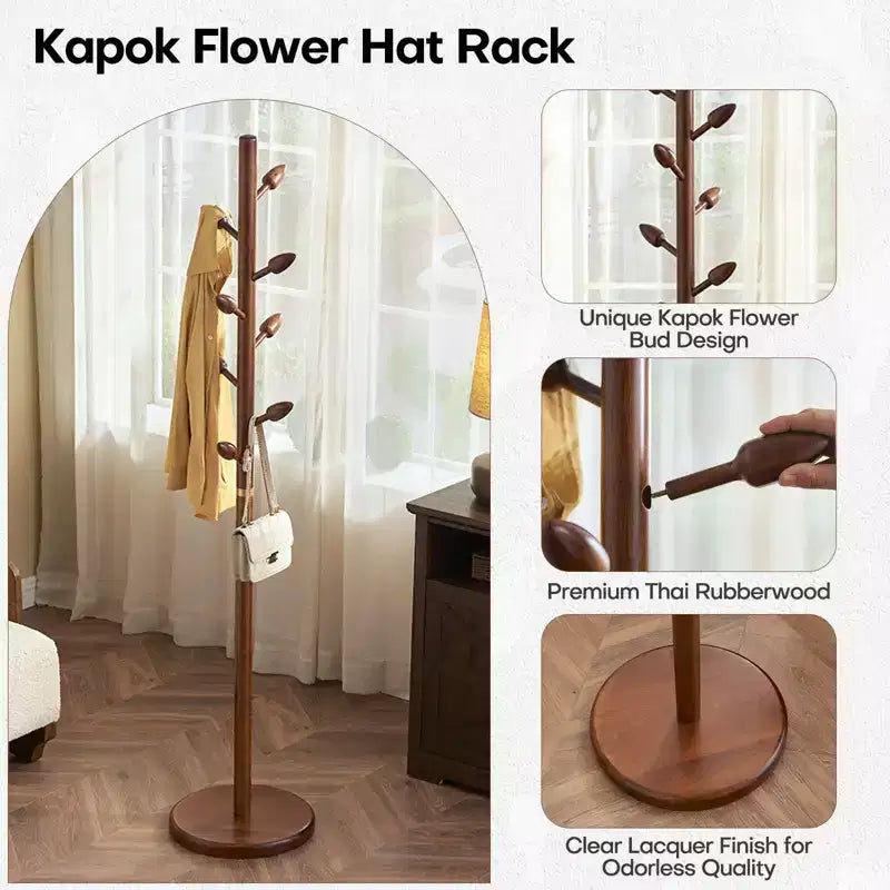 Wooden Freestanding Coat Rack with 8 Bud-shaped Hooks, Stable Round Base, Heavy Duty Wood Coat Tree Stand for Hallway Entryway, Brown