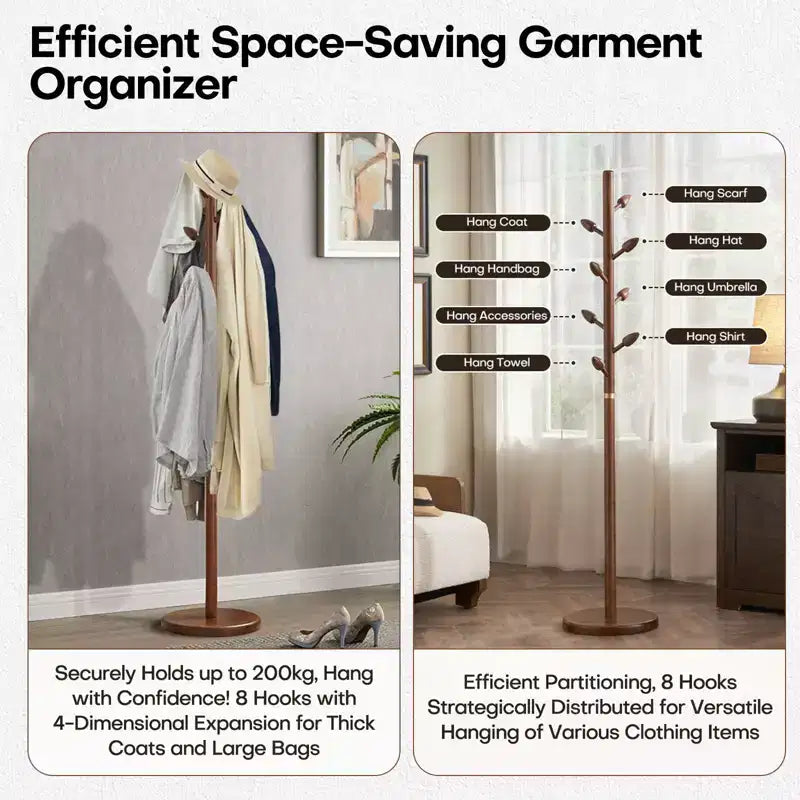 Wooden Freestanding Coat Rack with 8 Bud-shaped Hooks, Stable Round Base, Heavy Duty Wood Coat Tree Stand for Hallway Entryway, Brown