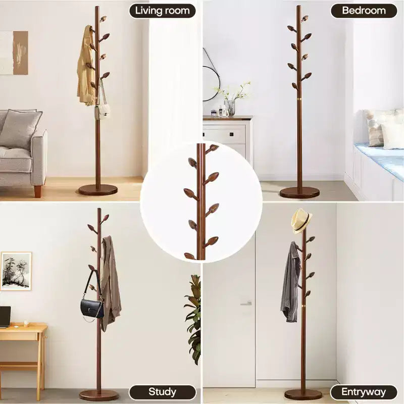 Wooden Freestanding Coat Rack with 8 Bud-shaped Hooks, Stable Round Base, Heavy Duty Wood Coat Tree Stand for Hallway Entryway, Brown