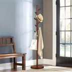 Wooden Freestanding Coat Rack with 8 Bud-shaped Hooks, Stable Round Base, Heavy Duty Wood Coat Tree Stand for Hallway Entryway, Brown
