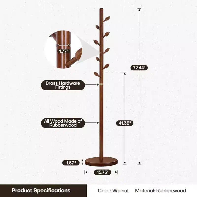 Wooden Freestanding Coat Rack with 8 Bud-shaped Hooks, Stable Round Base, Heavy Duty Wood Coat Tree Stand for Hallway Entryway, Brown