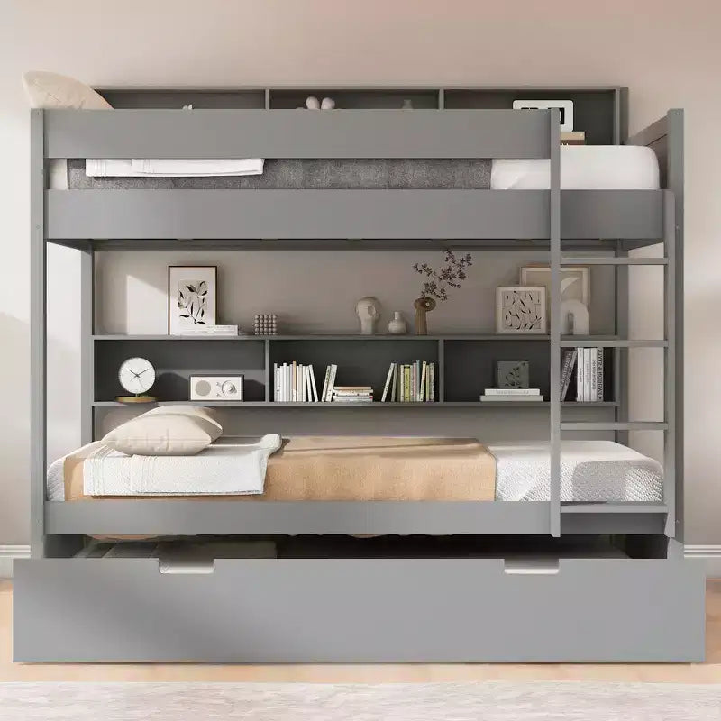 Full over Full Bunk Bed & Bed Frame with Trundle & Built-in Storage