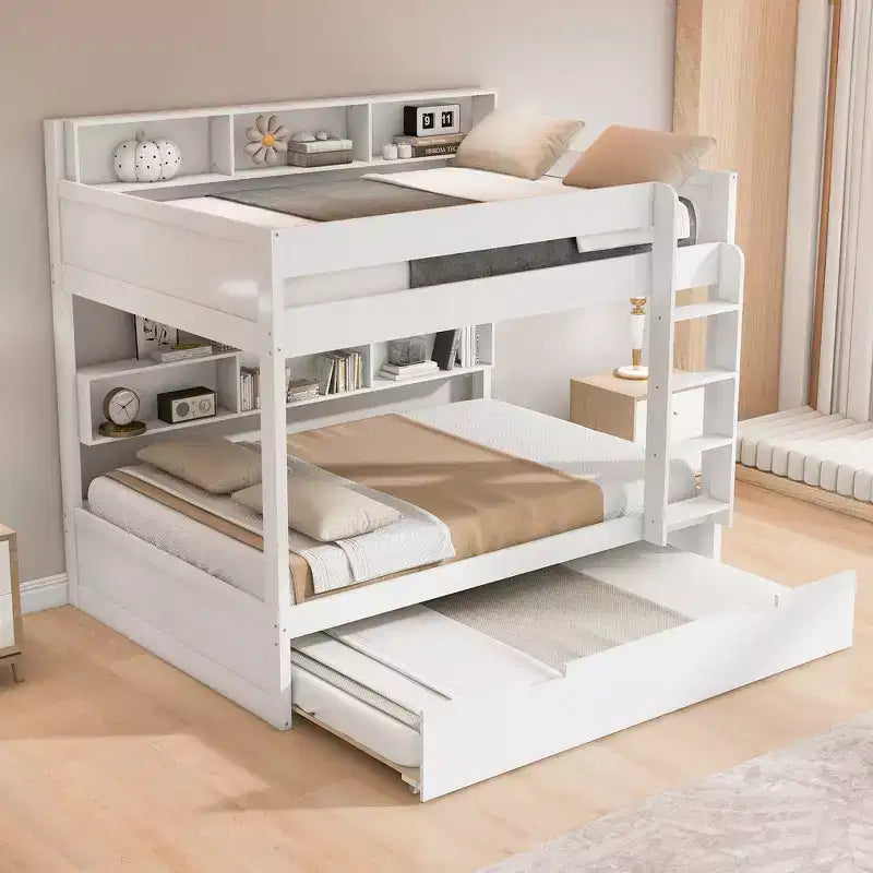 Full over Full Bunk Bed & Bed Frame with Trundle & Built-in Storage