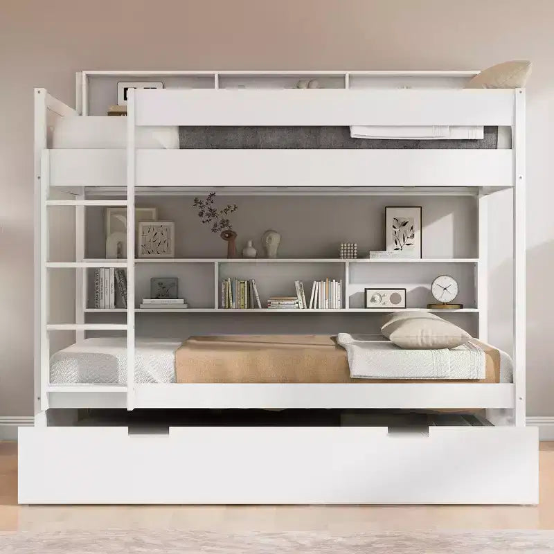 Full over Full Bunk Bed & Bed Frame with Trundle & Built-in Storage