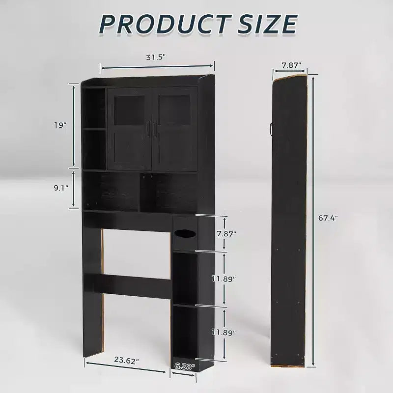 Mobiletto da bagno regolabile sopra il WC, con porta in vetro e porte scorrevoli stile fienile, con kit anti-ribaltamento per lavanderia e bagno