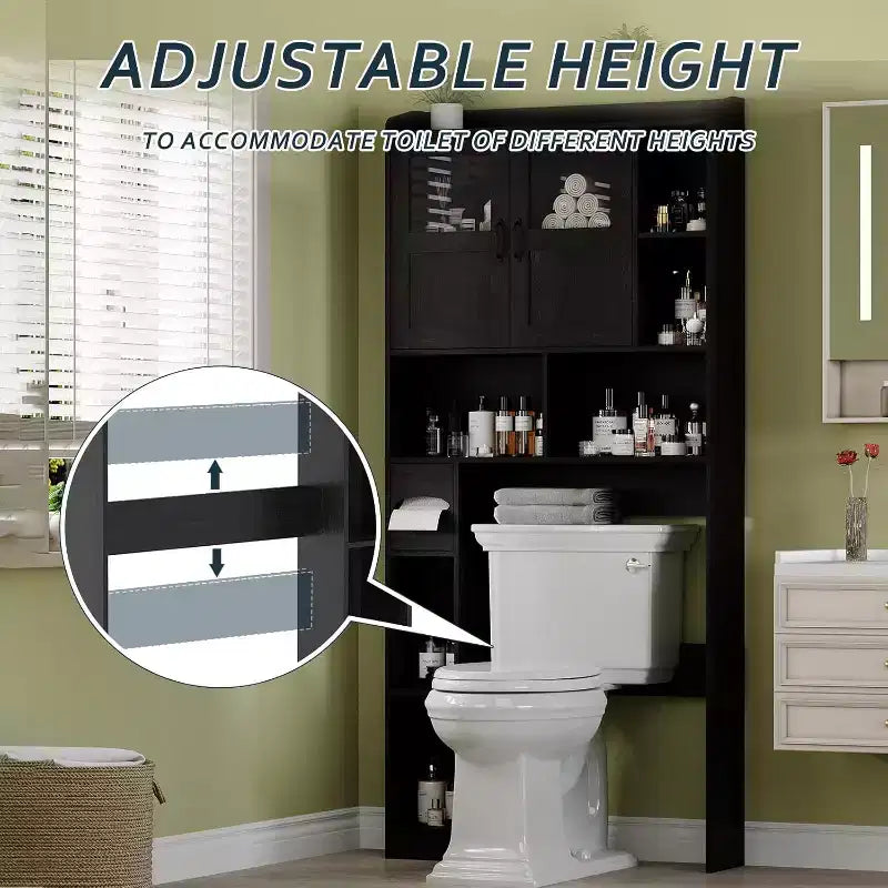 Mobiletto da bagno regolabile sopra il WC, con porta in vetro e porte scorrevoli stile fienile, con kit anti-ribaltamento per lavanderia e bagno