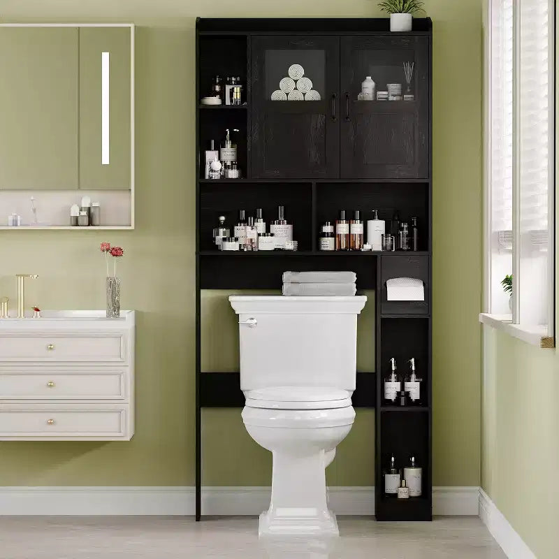 Mobiletto da bagno regolabile sopra il WC, con porta in vetro e porte scorrevoli stile fienile, con kit anti-ribaltamento per lavanderia e bagno