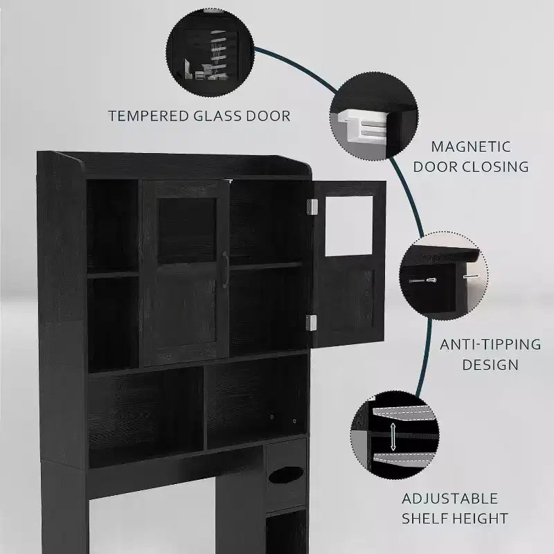 Mobiletto da bagno regolabile sopra il WC, con porta in vetro e porte scorrevoli stile fienile, con kit anti-ribaltamento per lavanderia e bagno