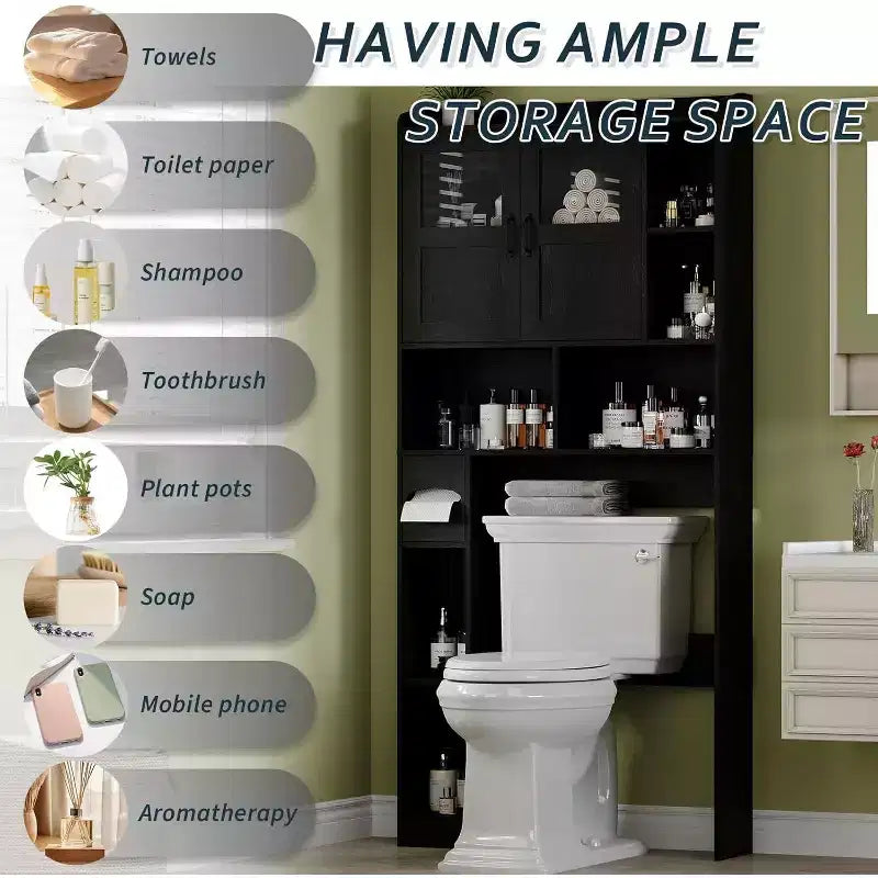Mobiletto da bagno regolabile sopra il WC, con porta in vetro e porte scorrevoli stile fienile, con kit anti-ribaltamento per lavanderia e bagno
