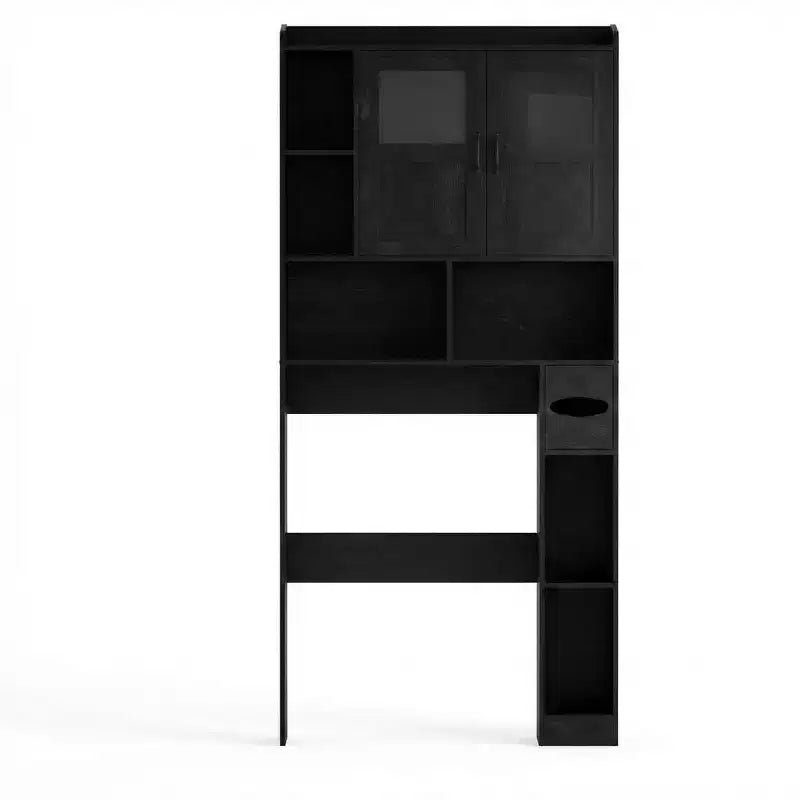 Mobiletto da bagno regolabile sopra il WC, con porta in vetro e porte scorrevoli stile fienile, con kit anti-ribaltamento per lavanderia e bagno