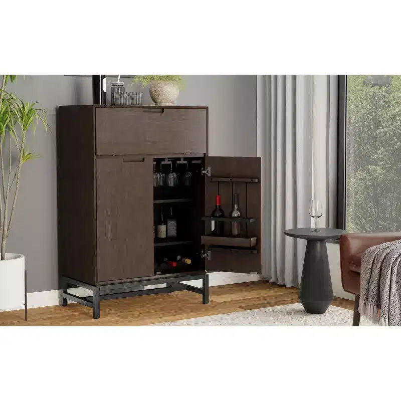 Solid Hardwood 32 Inch Wide Rectangle Modern Industrial Bar Cabinet in Walnut Brown