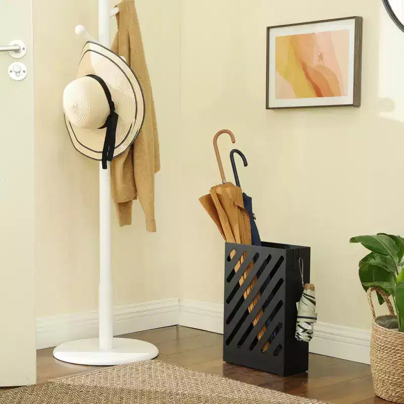 Metal Umbrella Stand, Rectangular Umbrella Holder Rack, with a Removable Drip Tray, 4 Hooks, Hollow-Out Design, for Entryway, Office, Black
