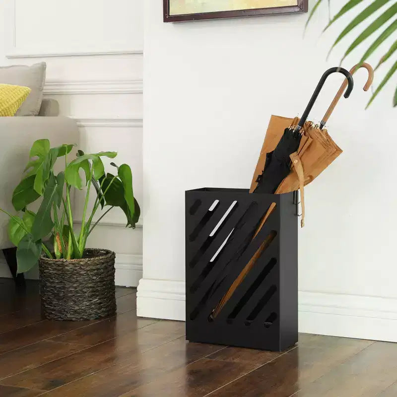 Metal Umbrella Stand, Rectangular Umbrella Holder Rack, with a Removable Drip Tray, 4 Hooks, Hollow-Out Design, for Entryway, Office, Black