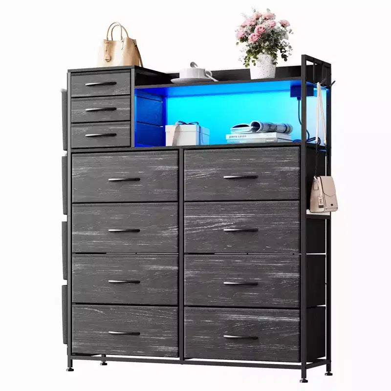 Tall 11-Drawer Fabric Dresser with Wooden Top & 4 Side Pockets  Multiple Colors & Patterns (Tiger Stripe. hard Gray) for Bedroom Storage