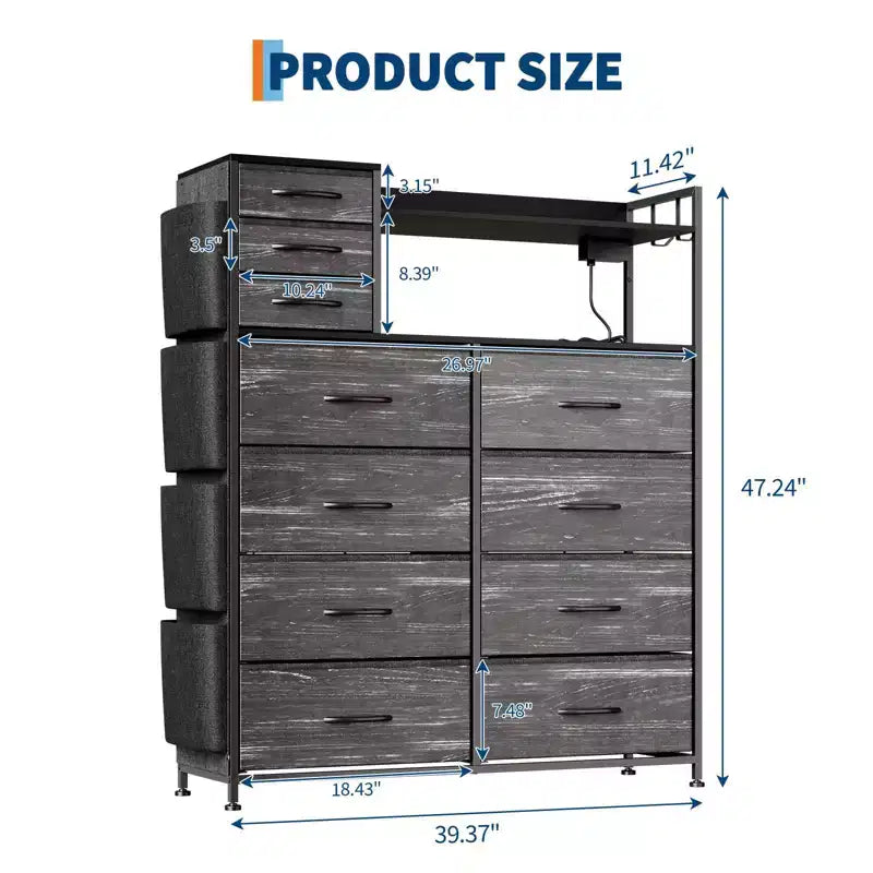 Tall 11-Drawer Fabric Dresser with Wooden Top & 4 Side Pockets  Multiple Colors & Patterns (Tiger Stripe. hard Gray) for Bedroom Storage