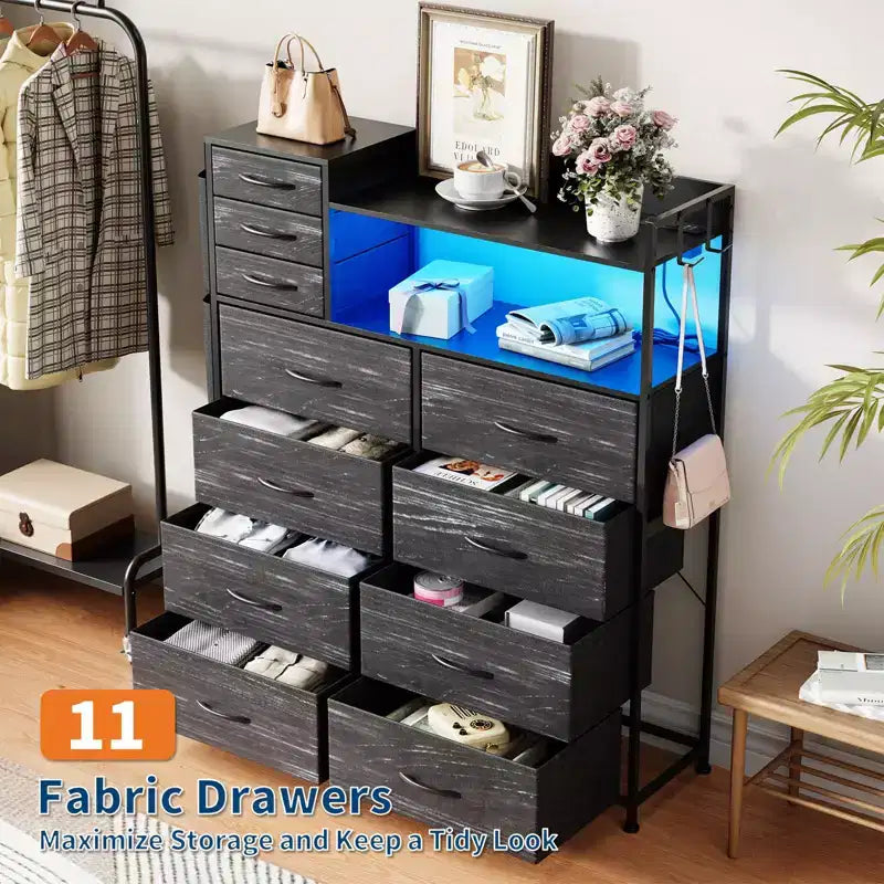 Tall 11-Drawer Fabric Dresser with Wooden Top & 4 Side Pockets  Multiple Colors & Patterns (Tiger Stripe. hard Gray) for Bedroom Storage