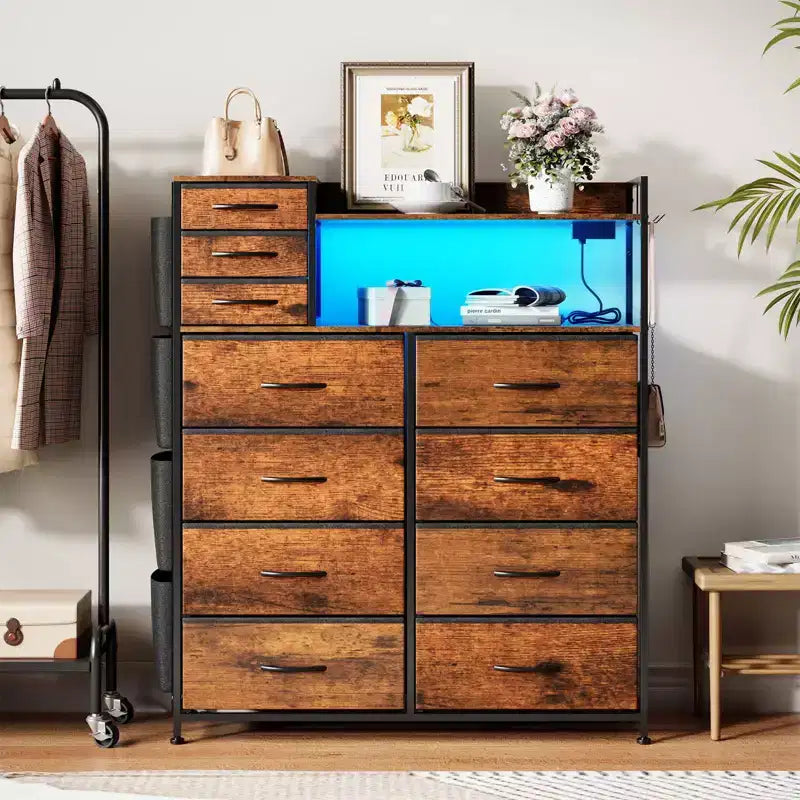 Tall 11-Drawer Fabric Dresser with Wooden Top & 4 Side Pockets  Multiple Colors & Patterns (Tiger Stripe. hard Gray) for Bedroom Storage