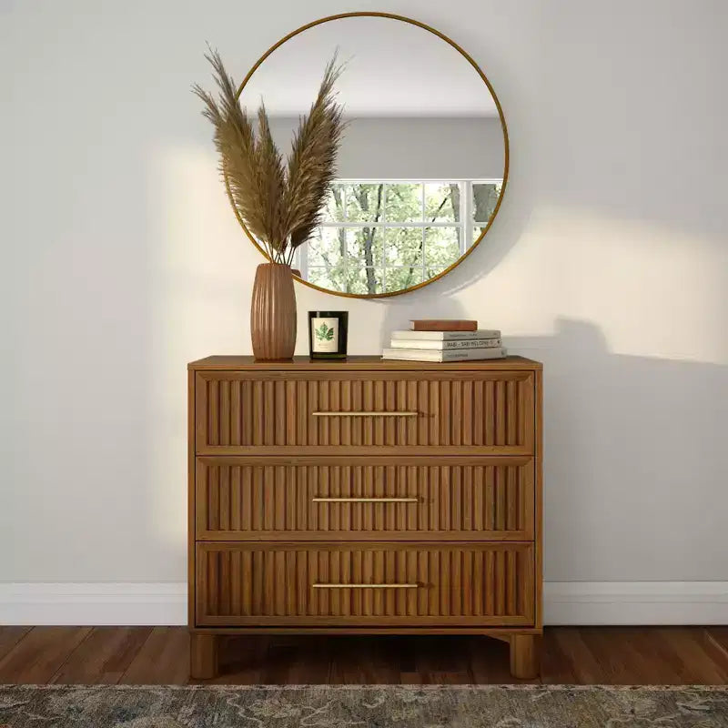 Fluted 3 Drawer Dresser with Brass Handle
