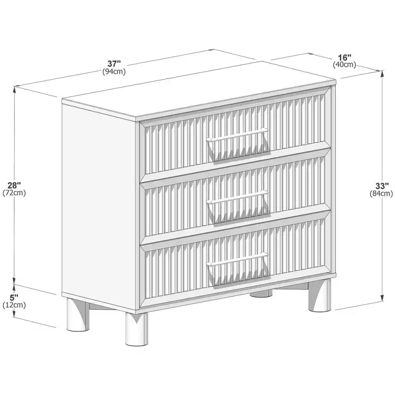 Fluted 3 Drawer Dresser with Brass Handle