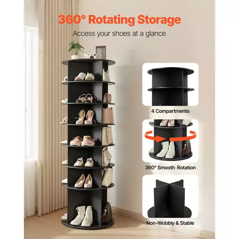 7 Tiers Rotating Shoe Rack Tower, 360 Spinning Shoe Rack, Revolving Storage Round Carousel Display, Freestanding Lazy Susan Organizer Display, Black