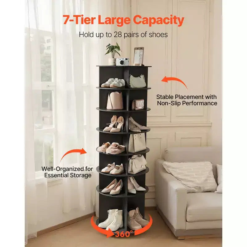 7 Tiers Rotating Shoe Rack Tower, 360 Spinning Shoe Rack, Revolving Storage Round Carousel Display, Freestanding Lazy Susan Organizer Display, Black