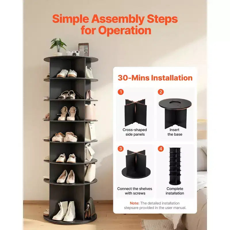 7 Tiers Rotating Shoe Rack Tower, 360 Spinning Shoe Rack, Revolving Storage Round Carousel Display, Freestanding Lazy Susan Organizer Display, Black
