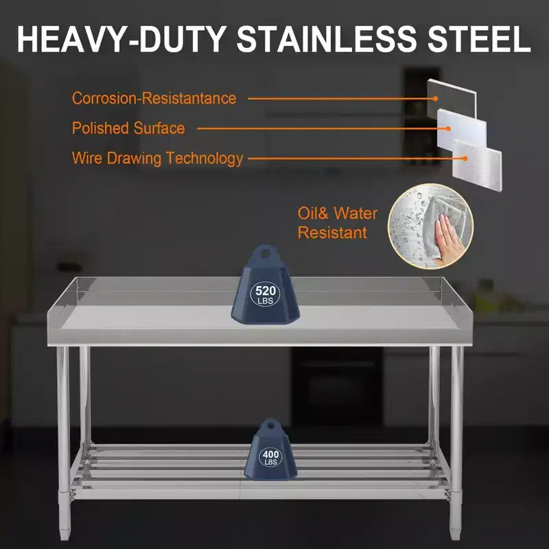 24x48 Stainless Steel Work Table with Backsplash, Heavy Duty Commercial Food Prep Table with Adjustable Undershelf
