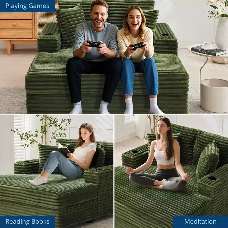Oversized Chaise Lounge Chair Indoor, Corduroy Lounge Sofa, Cup Holders & Throw Pillows, for Home, Bedroom, Office