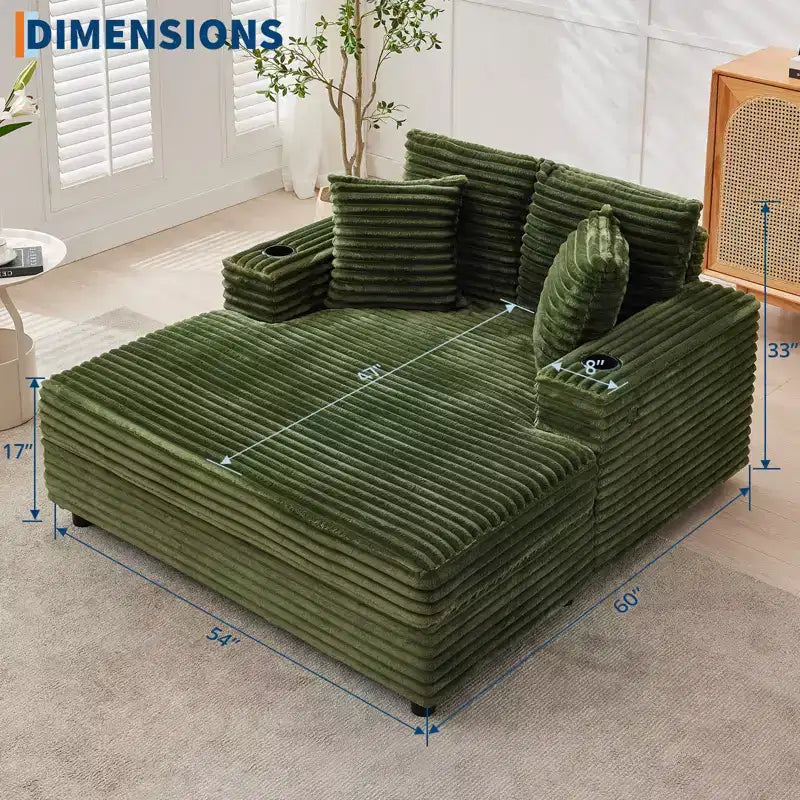 Oversized Chaise Lounge Chair Indoor, Corduroy Lounge Sofa, Cup Holders & Throw Pillows, for Home, Bedroom, Office