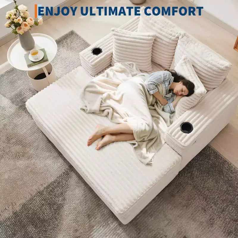 Oversized Chaise Lounge Chair Indoor, Corduroy Lounge Sofa, Cup Holders & Throw Pillows, for Home, Bedroom, Office