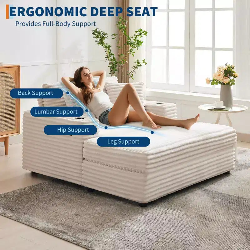 Oversized Chaise Lounge Chair Indoor, Corduroy Lounge Sofa, Cup Holders & Throw Pillows, for Home, Bedroom, Office
