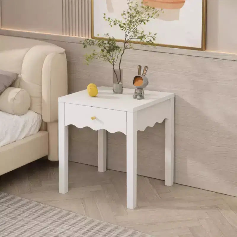 White Nightstand End Table Playful Bed Beside Table Storage Sofa Side Table with Drawer & Wavy Apron
