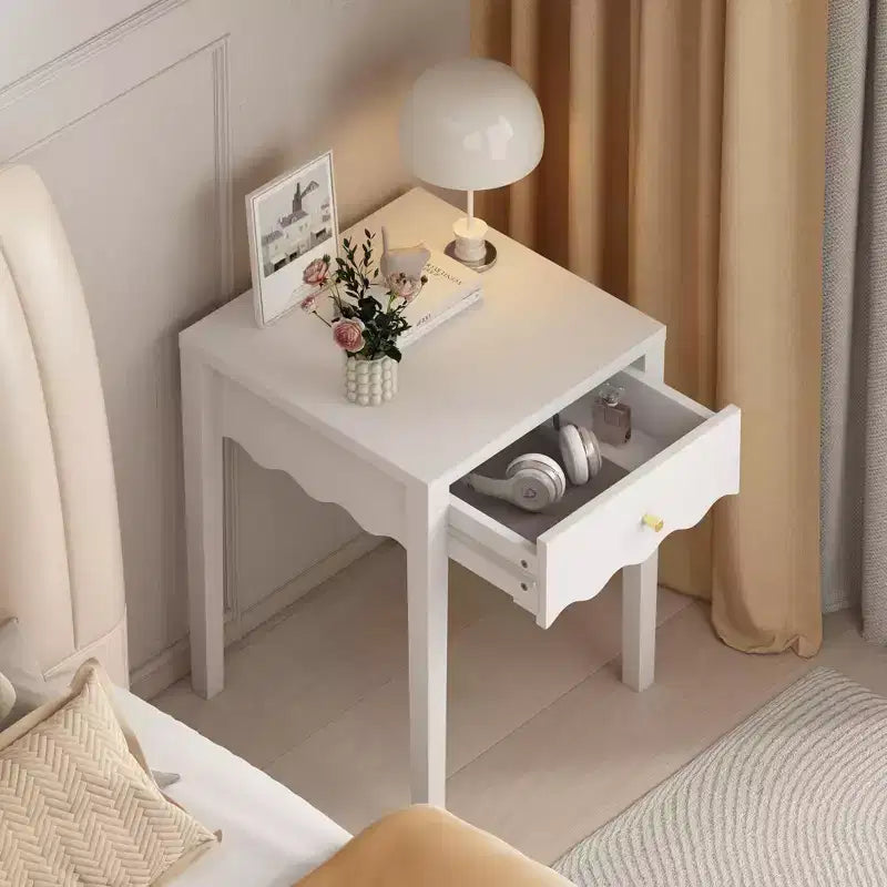 White Nightstand End Table Playful Bed Beside Table Storage Sofa Side Table with Drawer & Wavy Apron