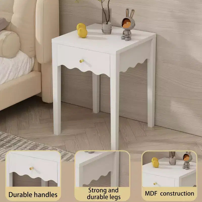 White Nightstand End Table Playful Bed Beside Table Storage Sofa Side Table with Drawer & Wavy Apron