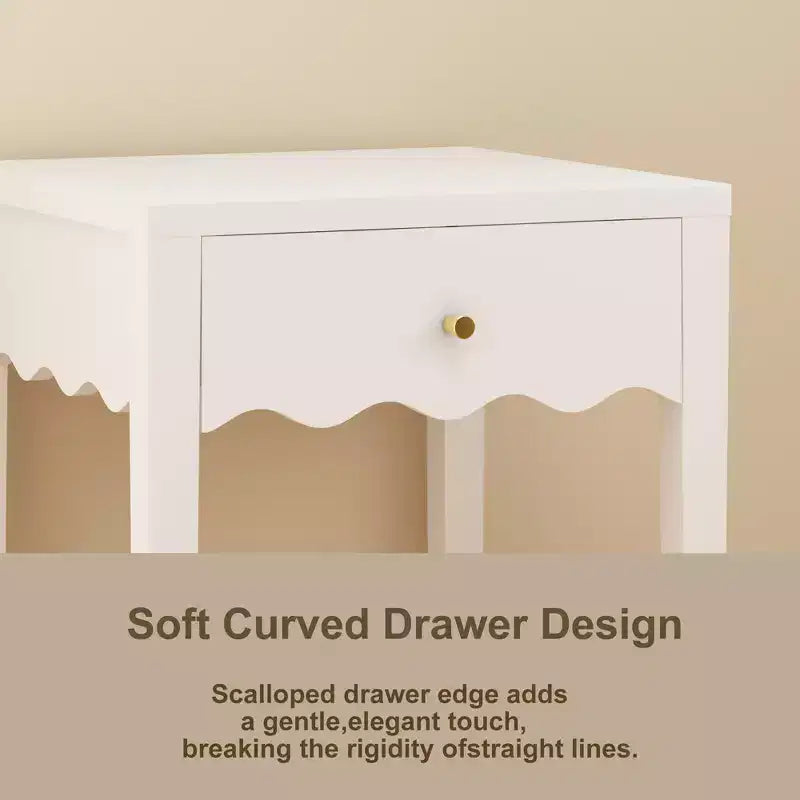 White Nightstand End Table Playful Bed Beside Table Storage Sofa Side Table with Drawer & Wavy Apron