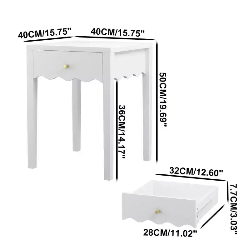 White Nightstand End Table Playful Bed Beside Table Storage Sofa Side Table with Drawer & Wavy Apron