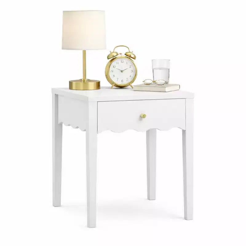 White Nightstand End Table Playful Bed Beside Table Storage Sofa Side Table with Drawer & Wavy Apron