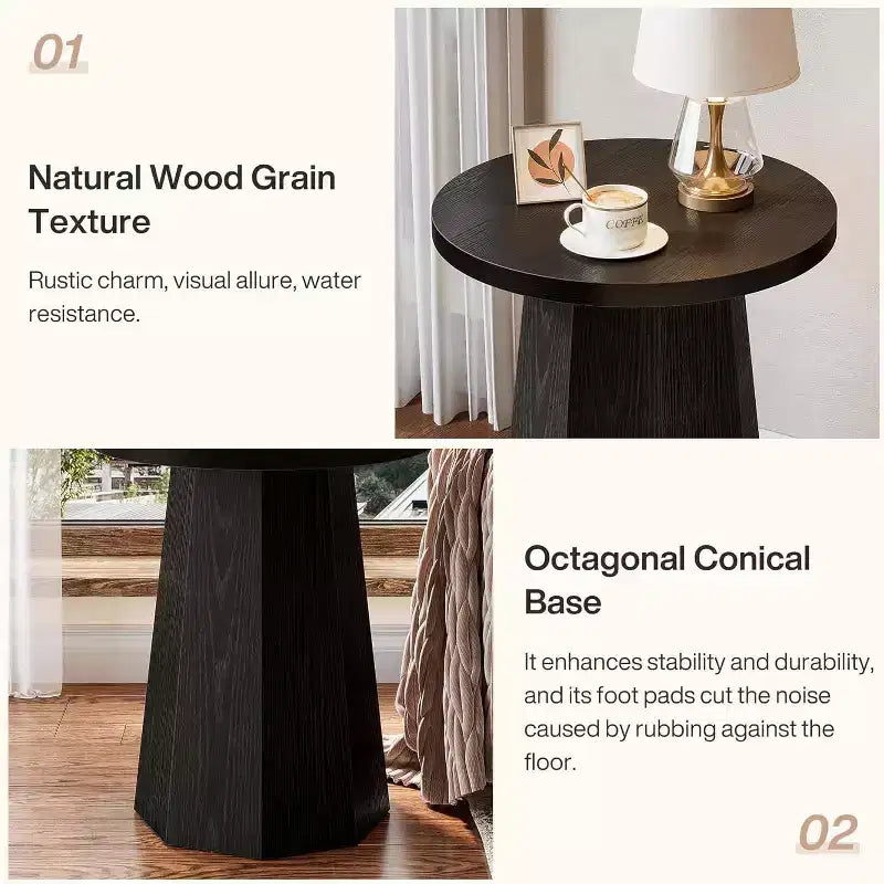 Round Pedestal End Table, Farmhouse Couch Side Table with Octagonal Base, Wooden Drink Stand Accent Nightstand(1, Black)