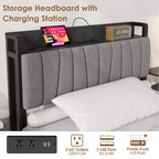 Twin Size Bed Frame with Storage Headboard, Black Industrial Platform Bed with Large Drawer & Charging Station, No Box Spring Needed