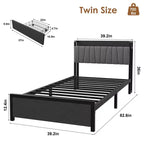 Twin Size Bed Frame with Storage Headboard, Black Industrial Platform Bed with Large Drawer & Charging Station, No Box Spring Needed