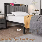 Twin Size Bed Frame with Storage Headboard, Black Industrial Platform Bed with Large Drawer & Charging Station, No Box Spring Needed
