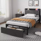 Twin Size Bed Frame with Storage Headboard, Black Industrial Platform Bed with Large Drawer & Charging Station, No Box Spring Needed