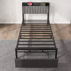 Twin Size Bed Frame with Storage Headboard, Black Industrial Platform Bed with Large Drawer & Charging Station, No Box Spring Needed