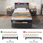Twin Size Bed Frame with Storage Headboard, Black Industrial Platform Bed with Large Drawer & Charging Station, No Box Spring Needed