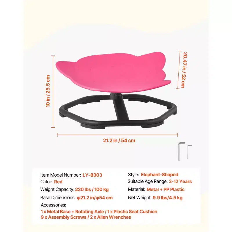 Kids Swivel Chair, 220 lbs Capacity, Elephant Shape Sensory Spinning Chair with Non-Slip Metal Base, Toddler Sit & Spin Seat, Red