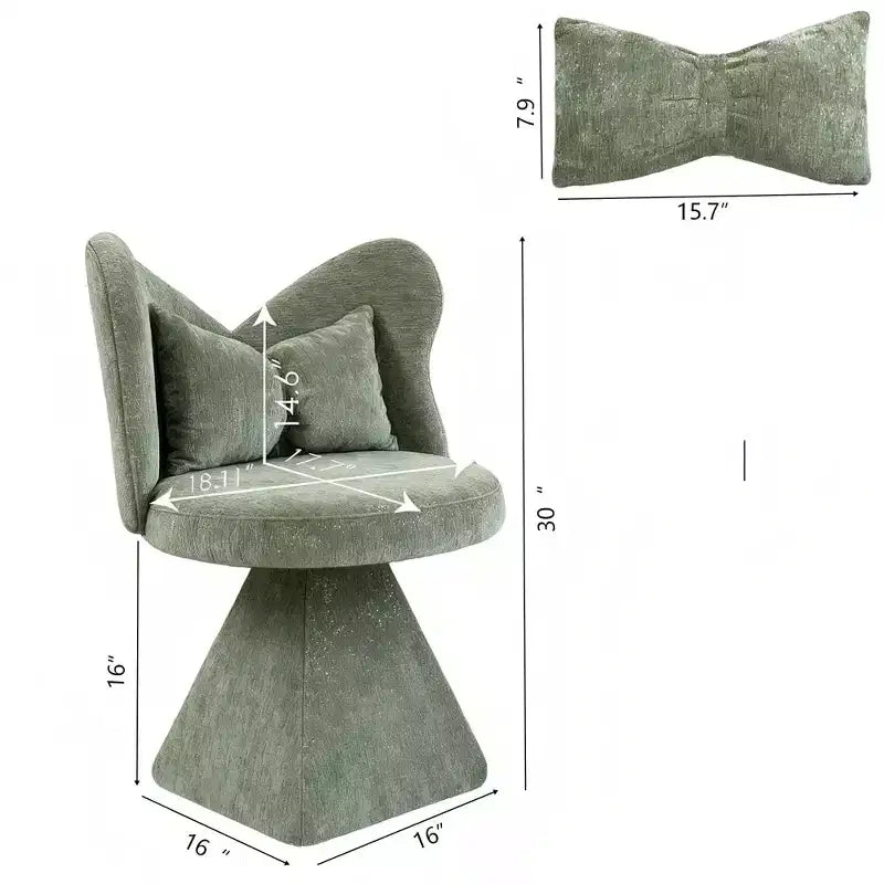 Upholstered Swivel Accent Chair with Pillow, Sculptural Vanity Chair with Curved Back for Bedroom, Living Room or Makeup Area