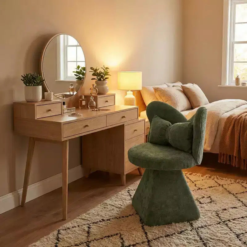 Upholstered Swivel Accent Chair with Pillow, Sculptural Vanity Chair with Curved Back for Bedroom, Living Room or Makeup Area