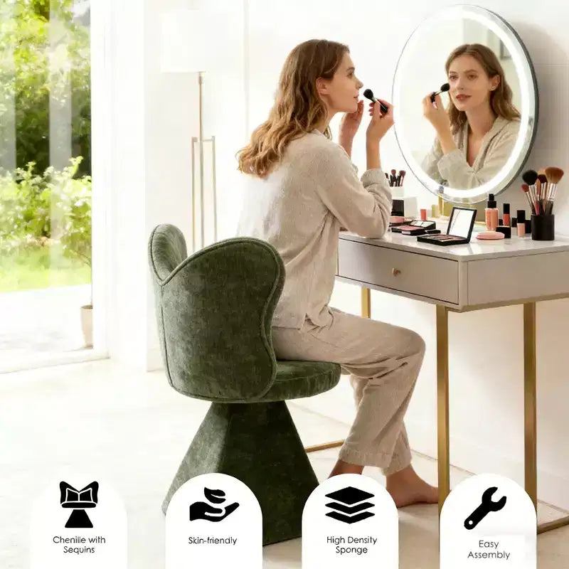 Upholstered Swivel Accent Chair with Pillow, Sculptural Vanity Chair with Curved Back for Bedroom, Living Room or Makeup Area
