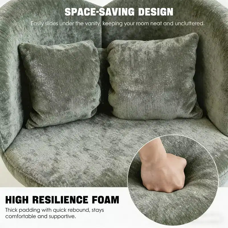 Upholstered Swivel Accent Chair with Pillow, Sculptural Vanity Chair with Curved Back for Bedroom, Living Room or Makeup Area