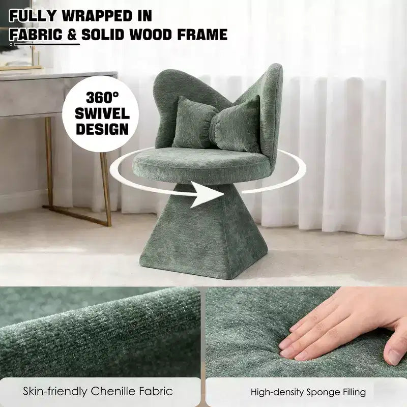Upholstered Swivel Accent Chair with Pillow, Sculptural Vanity Chair with Curved Back for Bedroom, Living Room or Makeup Area